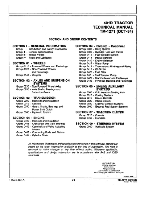 John Deere 410D Tractor Technical Workshop Manual TM1271