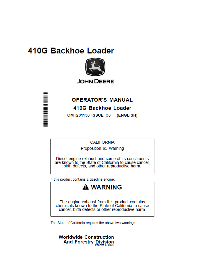 John Deere 410G Backhoe Loader Operator Manual OMT201153 PDF