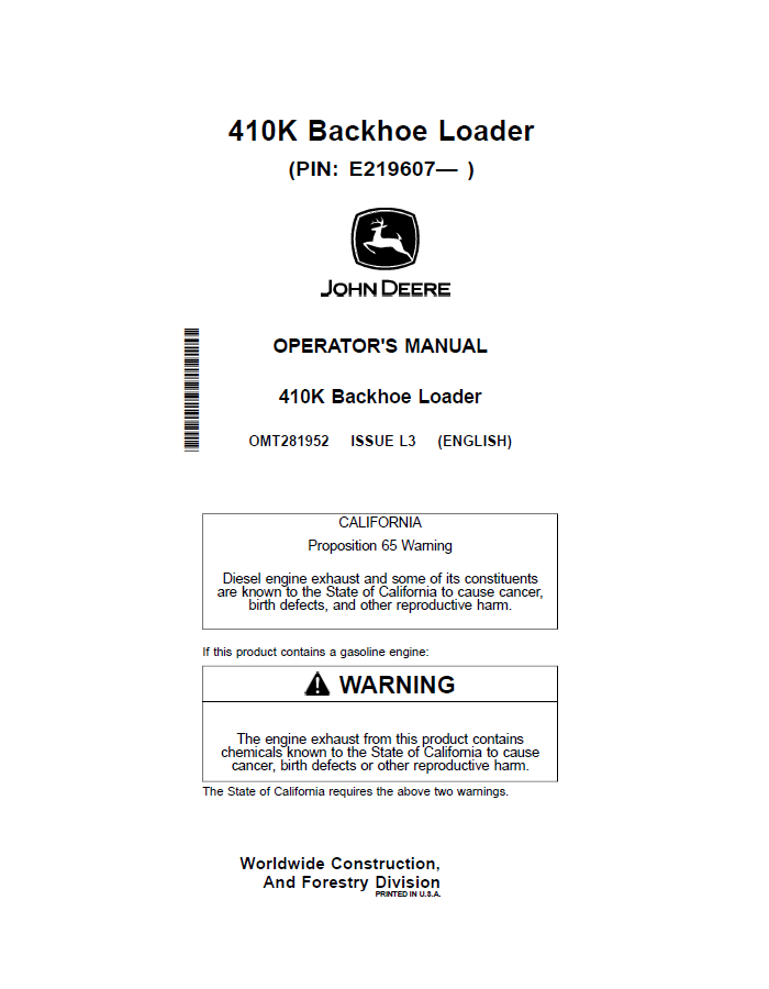 John Deere 410K Backhoe Loader Operator Manual OMT281952 PDF