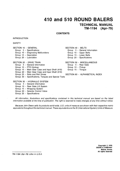 John Deere 410 & 510 Round Baler Service Repair Manual PDF