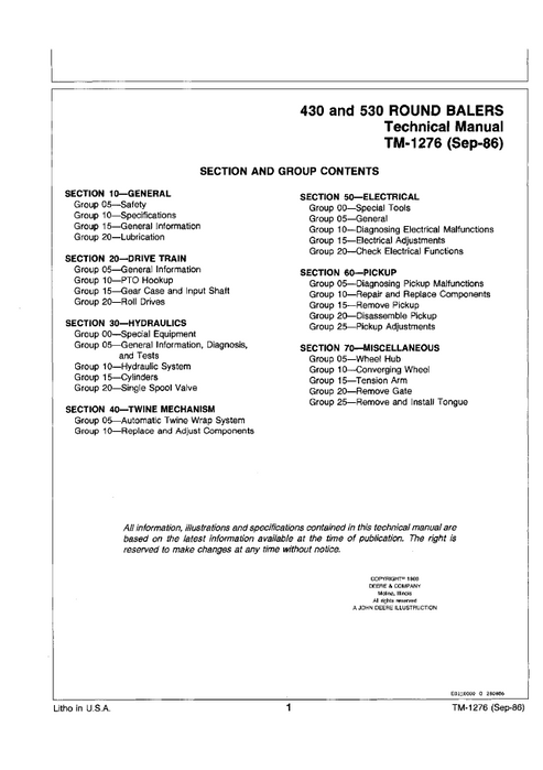 John Deere 430 & 530 Round Baler Service Repair Manual PDF