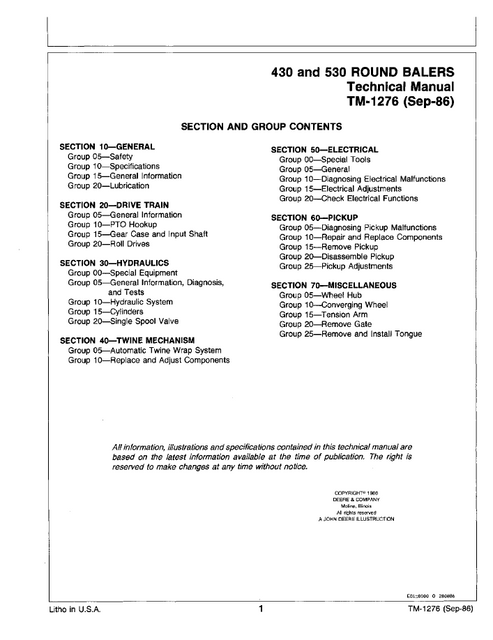 John Deere 430 & 530 Round Baler Service Repair Manual PDF