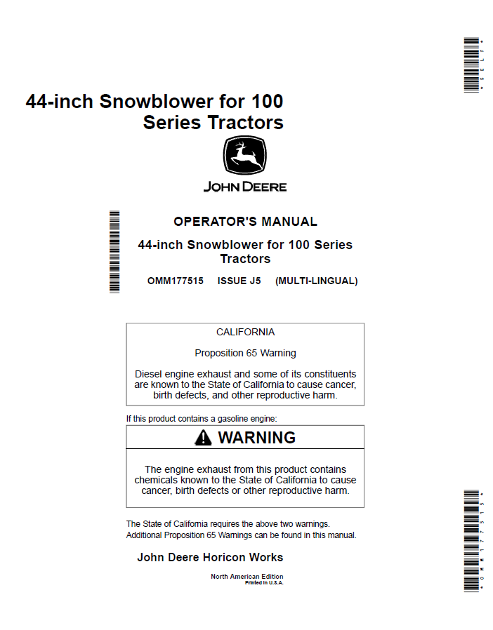 John Deere 44-inch Snowblower for 100 Series Tractors Operator Manual OMM177515 PDF
