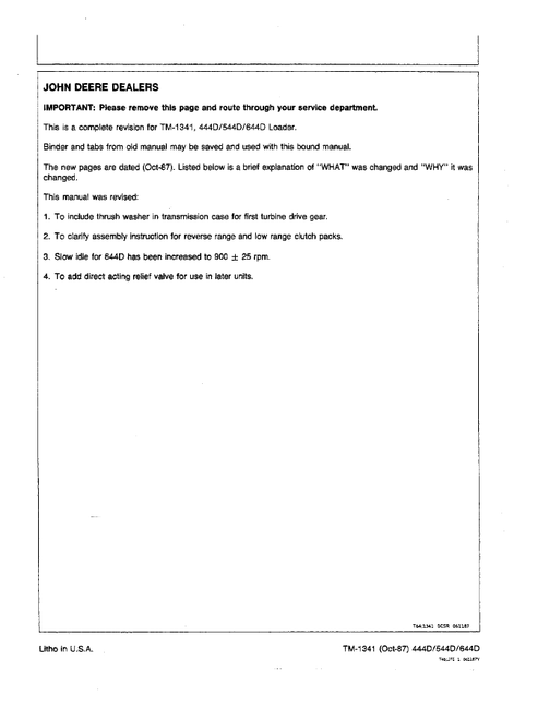 John Deere 444D 544D 644D Loader Operation Test Manual PDF