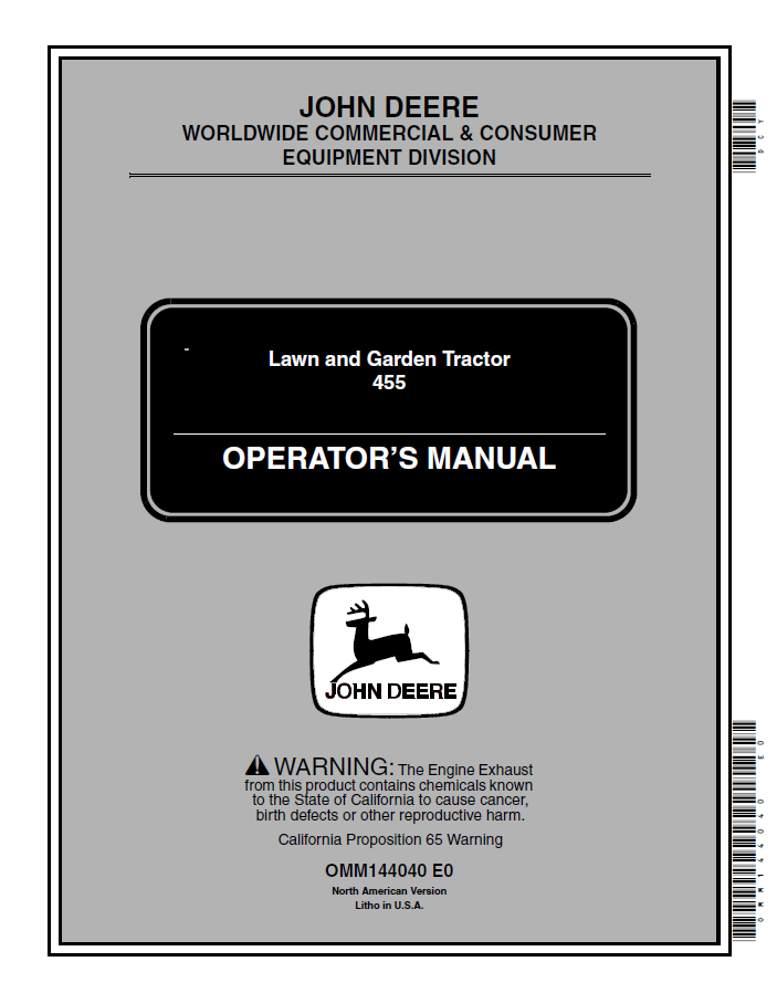 John Deere 455 Lawn and Garden Tractor Operator Manual OMM144040 PDF