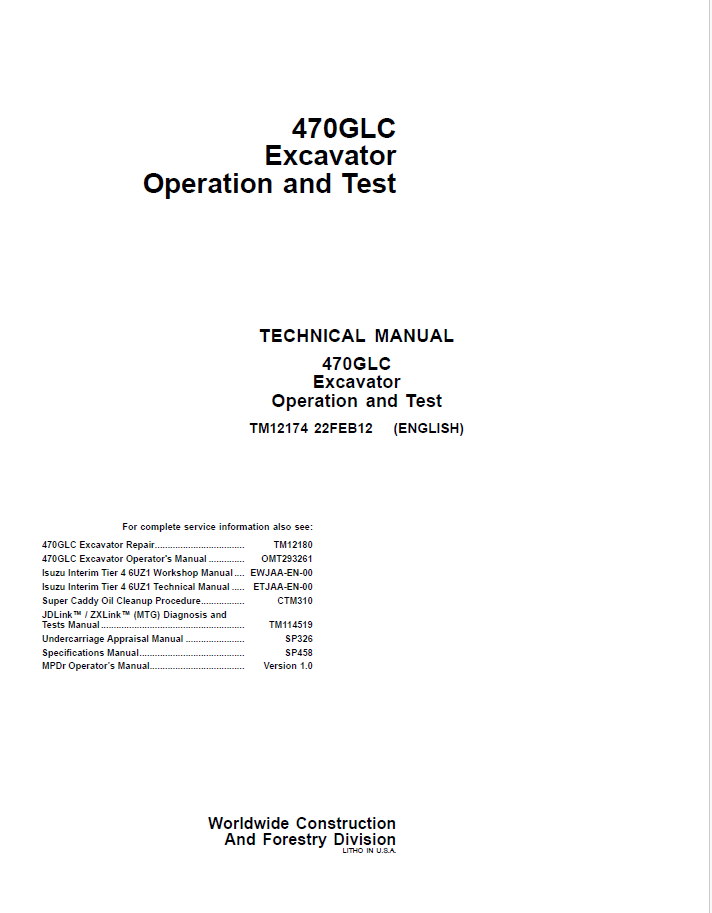 John Deere 470GLC Excavator Technical Manual TM12174 PDF