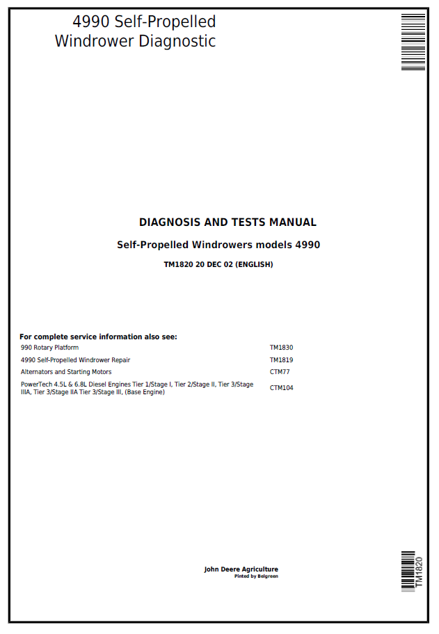 John Deere 4990 Self-Propelled Windrower Diagnosis and Test Manual TM1820 PDF