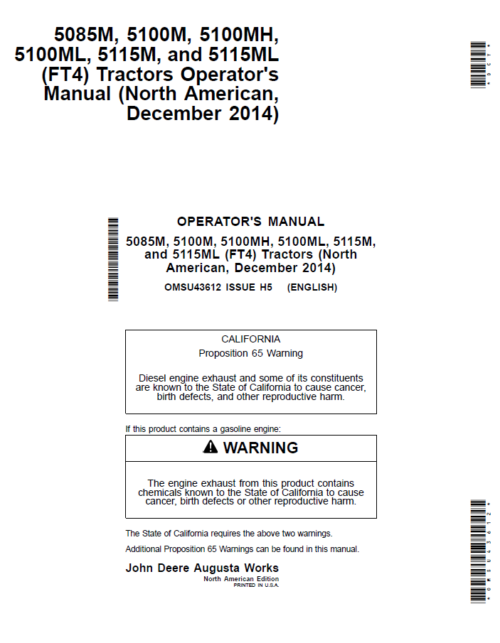 John Deere 5085M, 5100M, 5100MH, 5100ML, 5115M and 5115ML (FT4)Tractors Operator Manual OMSU43612 PDF