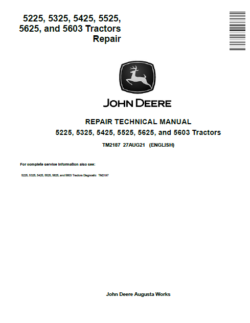 John Deere 5225, 5325, 5425, 5525, 5625, and 5603 Tractors Repair Technical Manual TM2187 PDF