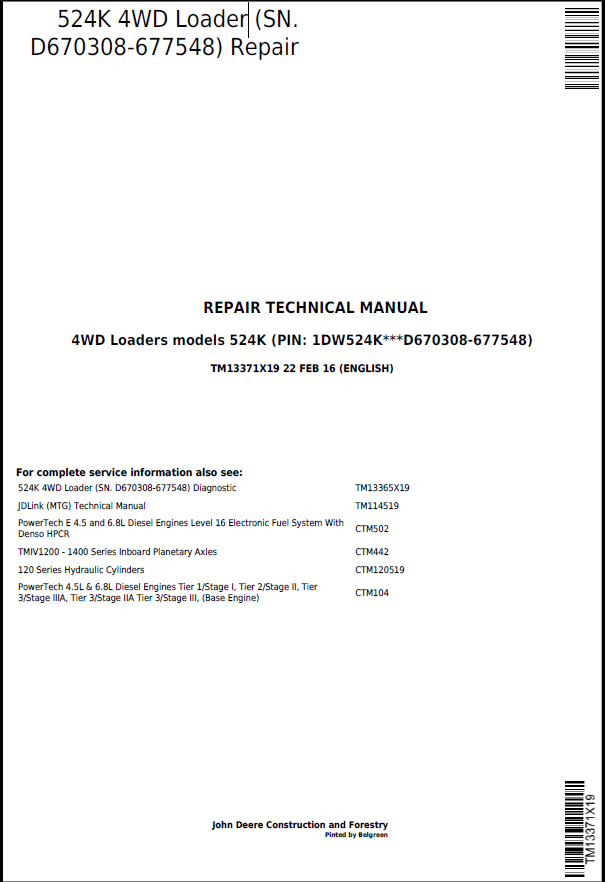 John Deere 524K 4WD Loader Repair Technical Manual TM13371X19 PDF