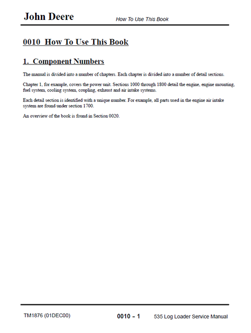 John Deere 535 Log Loader Technical Workshop Manual TM1876