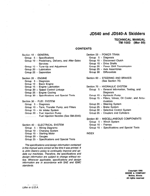 John Deere 540 540A Skidder Service & Repair Technical Manual