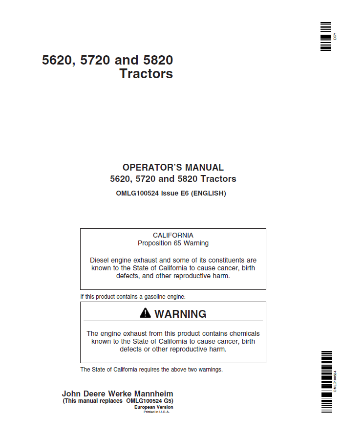John Deere 5620, 5720 and 5820 Tractors Operator Manual OMLG100524 PDF