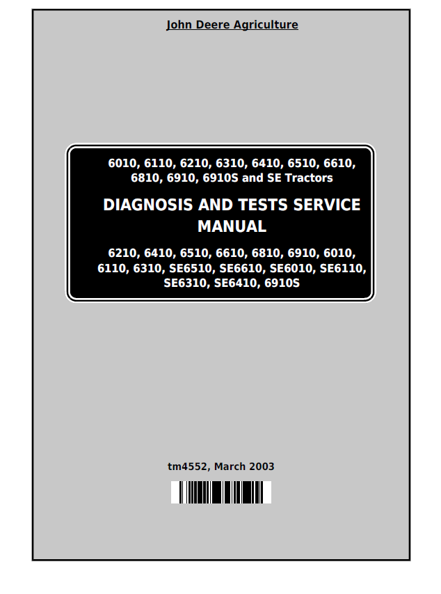John Deere 6010, 6110, 6210, 6310, 6410, 6510, 6610,6810, 6910, 6910S and SE Tractors Diagnosis and Test Service Manual tm4552 PDF
