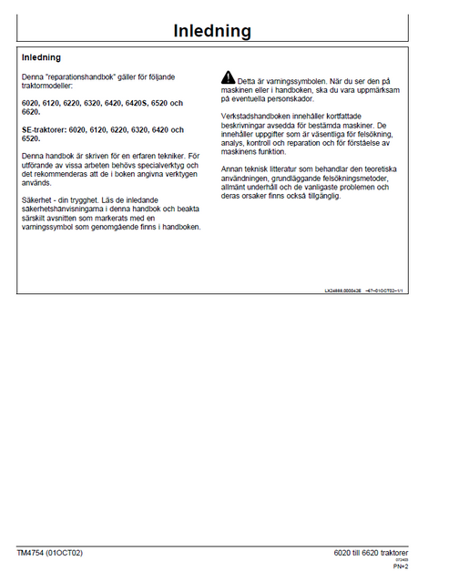 John Deere 6020 to 6620 Tractor Workshop Repair Manual TM4754