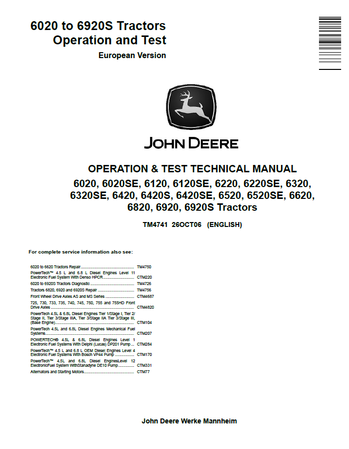 John Deere 6020 to 6920S Tractors Operation and Test Technical Manual TM4741 PDF