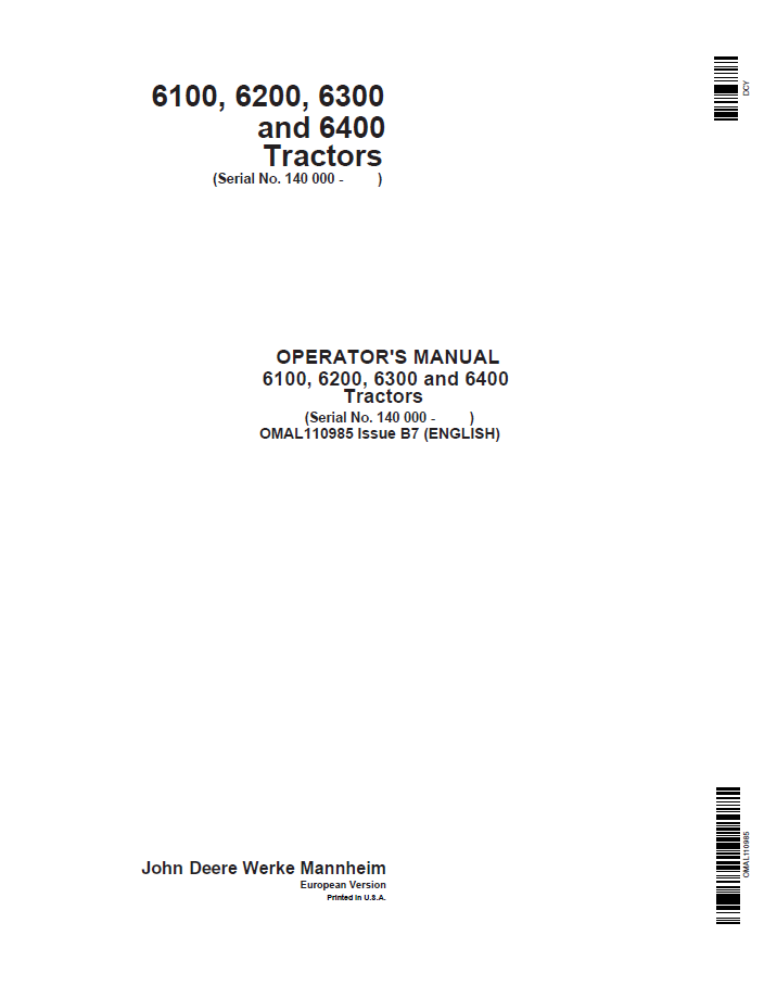 John Deere 6100, 6200, 6300 and 6400 Tractors Operator Manual OMAL110985 PDF