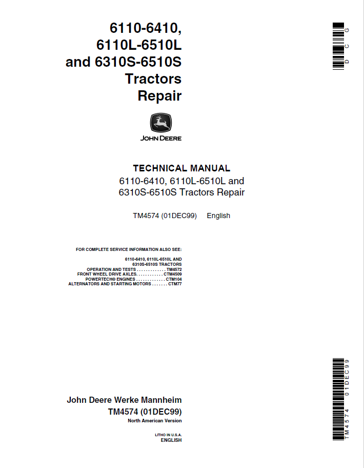 John Deere 6110-6410, 6110L-6510L and 6310S-6510S Tractors Technical Manual TM4574 PDF