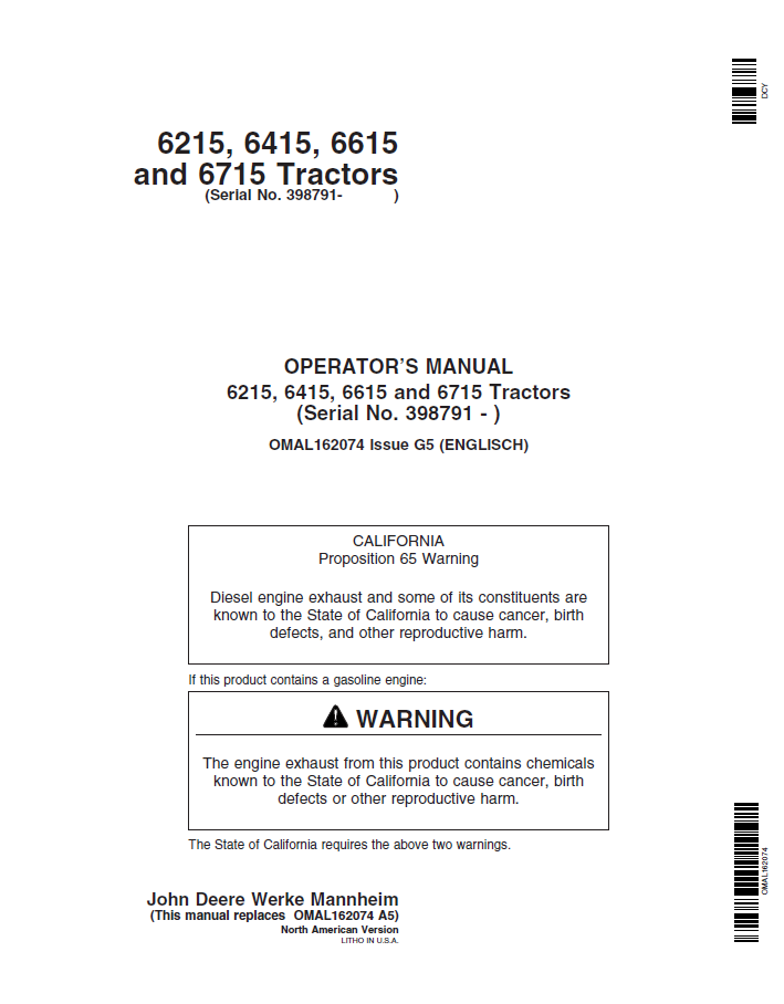 John Deere 6215, 6415, 6615 and 6715 Tractors Operator Manual OMAL162074 PDF