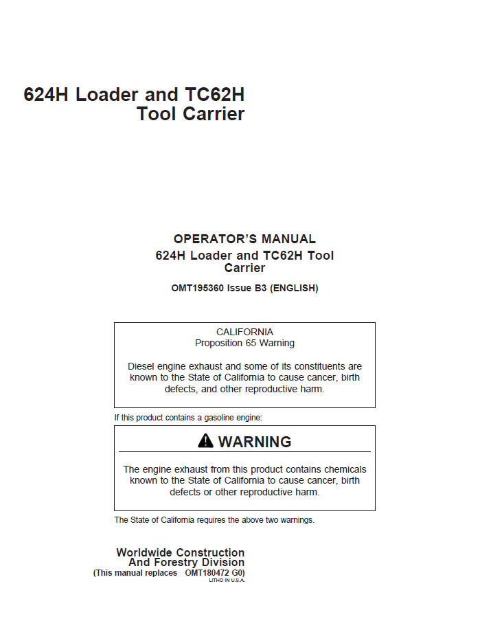 John Deere 624H Loader and TC62H Tool Carrier Operator Manual OMT195360 PDF