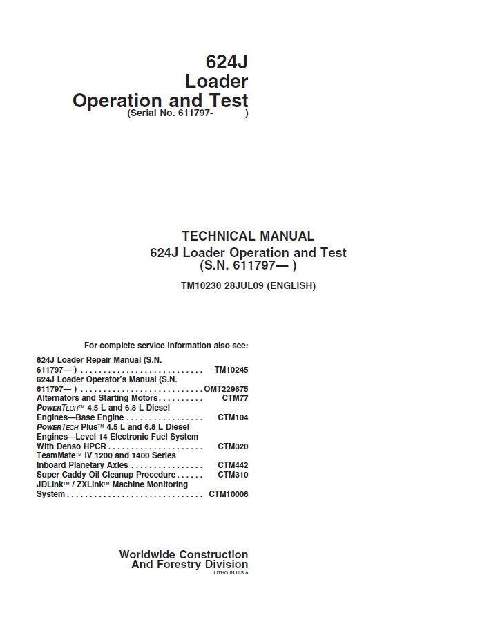 John Deere 624J Loader Technical Manual TM10230 PDF
