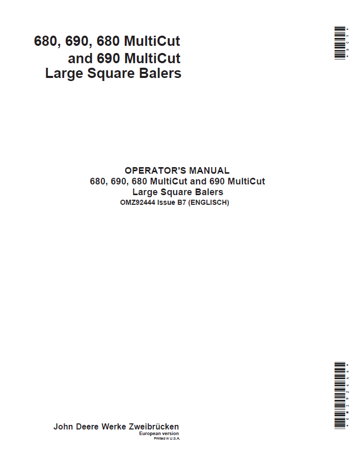 John Deere 680, 690, 680 and 690 MultiCut Large Square Balers Operator Manual OMZ92444 PDF