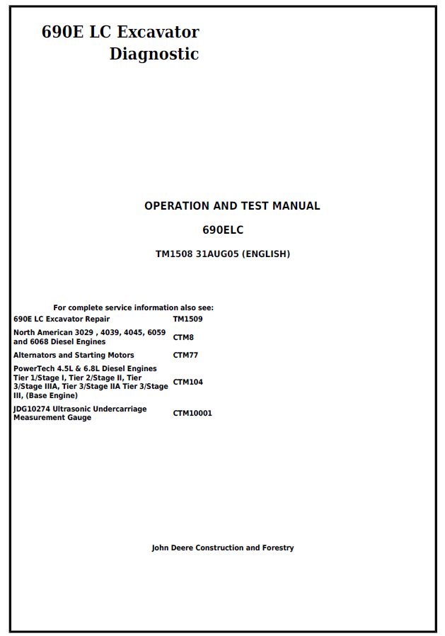 John Deere 690E LC Excavator Diagnostic Operation and Test Manual TM1508 PD