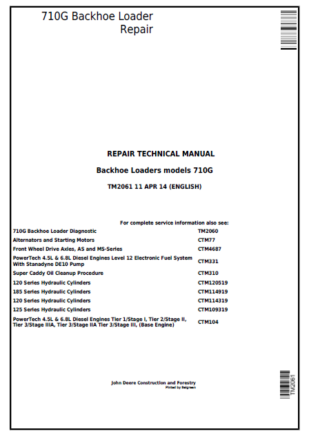 John Deere 710G Backhoe Loader Repair Technical Manual TM2061 PDF