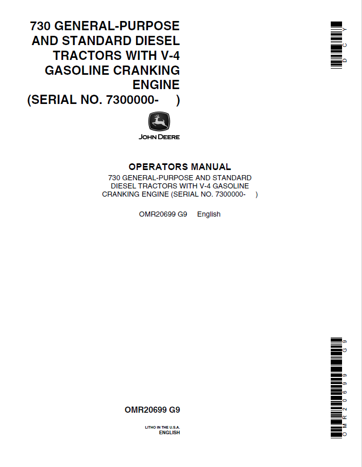 John Deere 720 Tractor Diesel With Gasoline Cranking Engine Operator Manual OMR20699 PDF