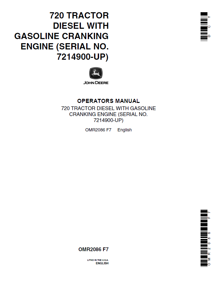 John Deere 720 Tractor Diesel With Gasoline Cranking Engine Operator Manual OMR2086 PDF