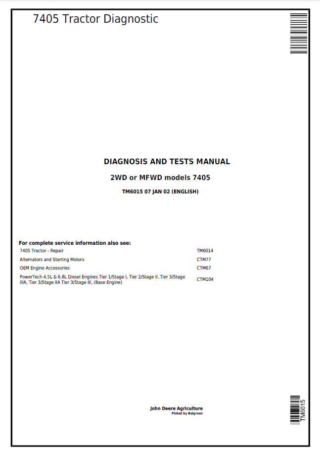 John Deere 7405 Tractor Diagnosis and Test Manual TM6015 PDF
