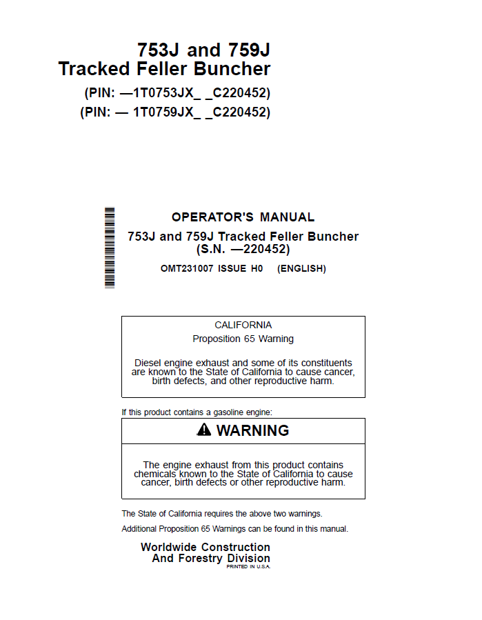 John Deere 753J and 759J Tracked Feller Buncher Operator Manual OMT231007 PDF