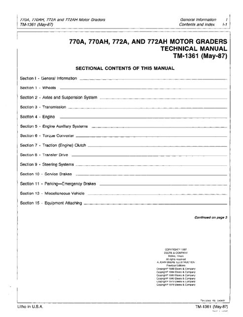 John Deere 770A 770AH 772A 772AH Motor Grader Repair Manual
