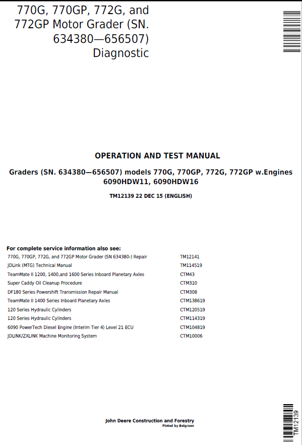 John Deere 770G, 770GP, 772G, and 772GP Motor Operation and Test Manual TM12139 PDF