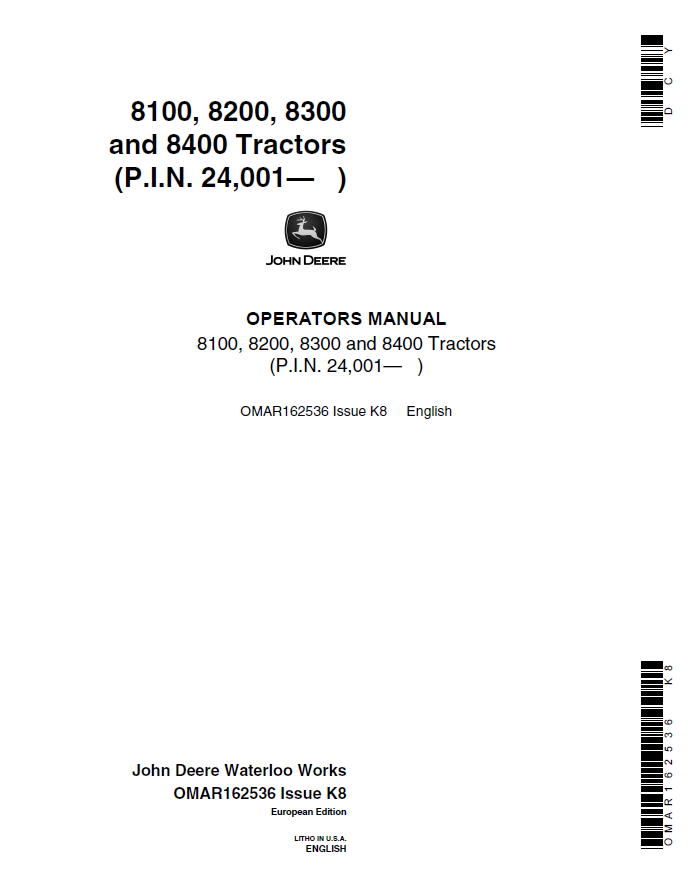 John Deere 8100, 8200, 8300 and 8400 Tractors Operator Manual OMAR162536 PDF