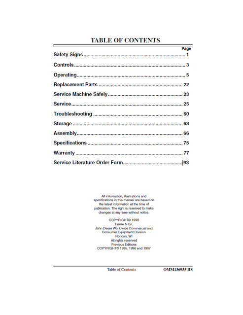 John Deere 828D 1032D Snowblower Owner Manual OMM136935 PDF