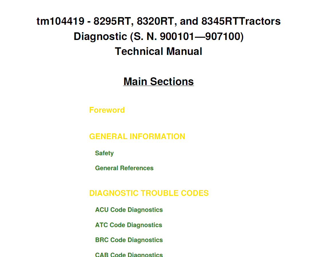 John Deere 8295RT, 8320RT, and 8345RT Tractors Technical Manual TM104419 PDF