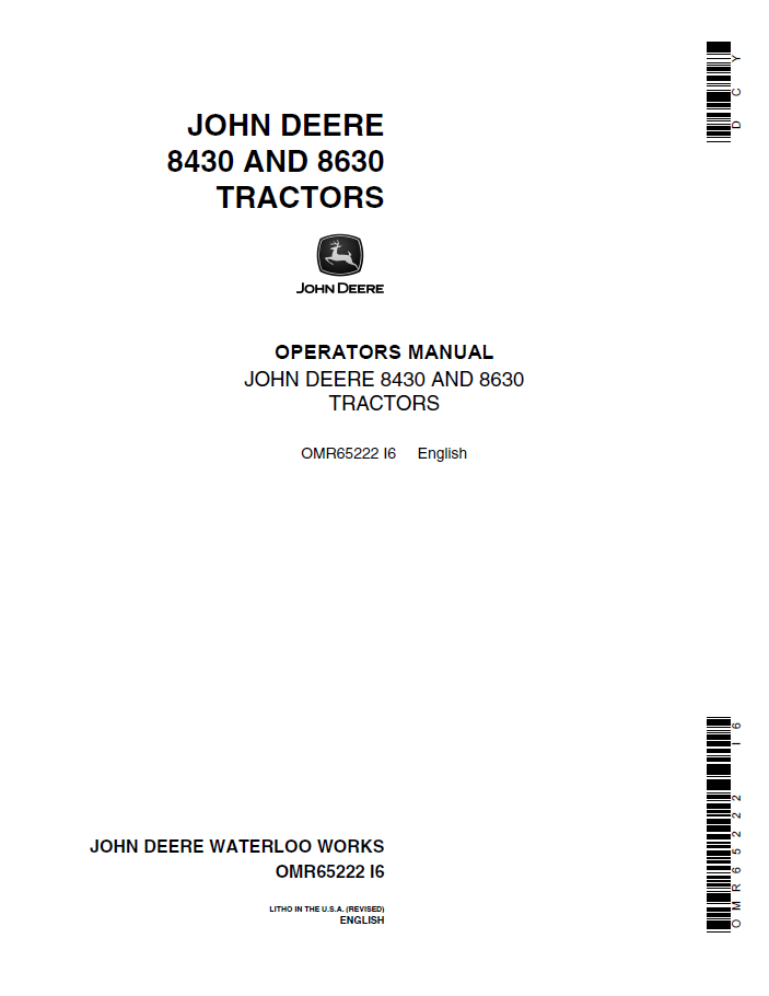 John Deere 8430 AND 8630 Tractors Operator Manual OMR65222 PDF