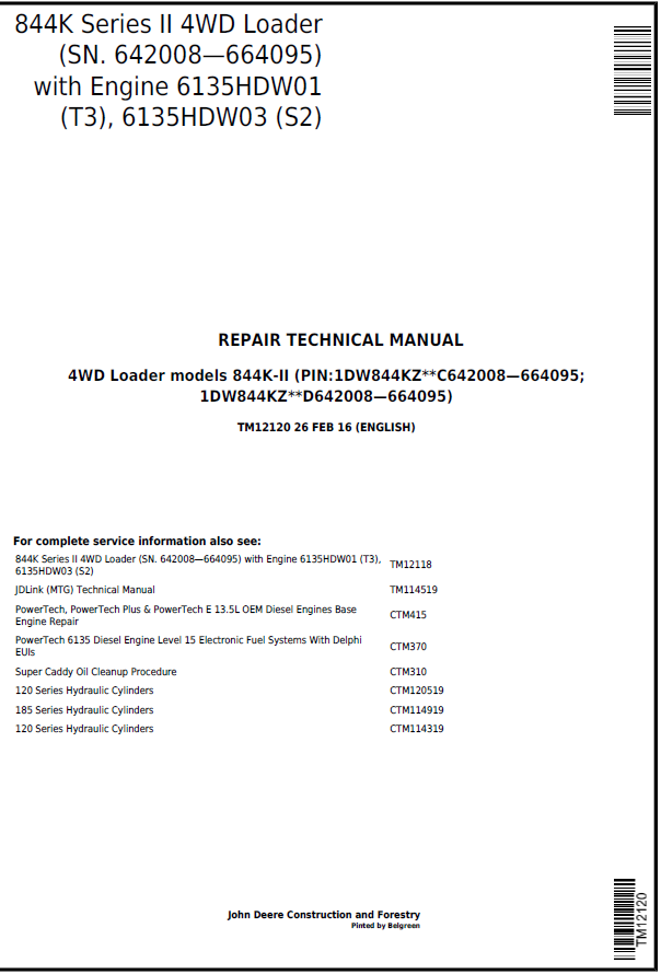John Deere 844K Series II 4WD Loader Repair Technical Manual TM12120 PDF