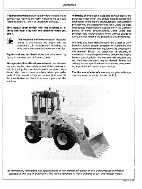 John Deere 84 Loader Operation Manual PDF OMT103005