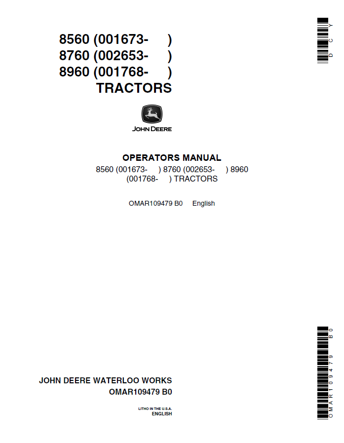 John Deere 8560, 8760, 8960 Tractors Operator Manual OMAR109479 PDF