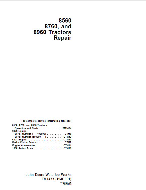 John Deere 8560, 8760, and 8960 Tractors Repair Manual TM1433 PDF