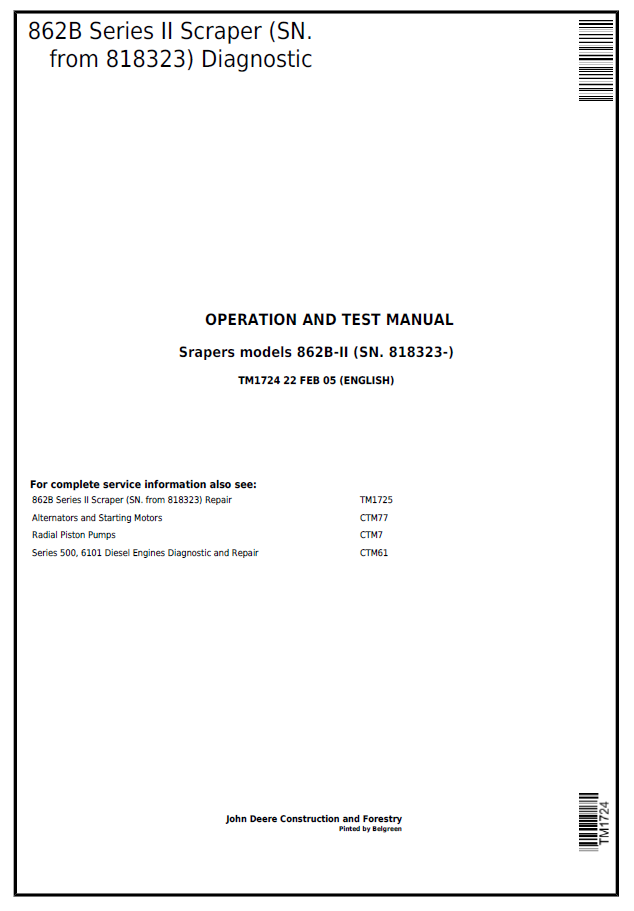 John Deere 862B Series II Scraper Diagnostic Operation And Test Manual TM1724 PDF