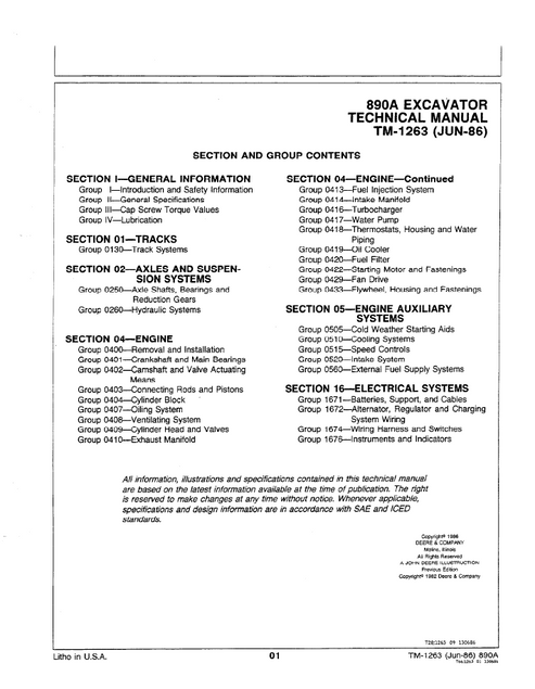 John Deere 890A Excavator Repair & Workshop Manual TM1263