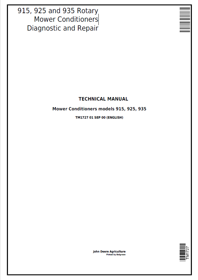 John Deere 915, 925 and 935 Rotary Mower Conditioners Technical Manual TM1727 PDF