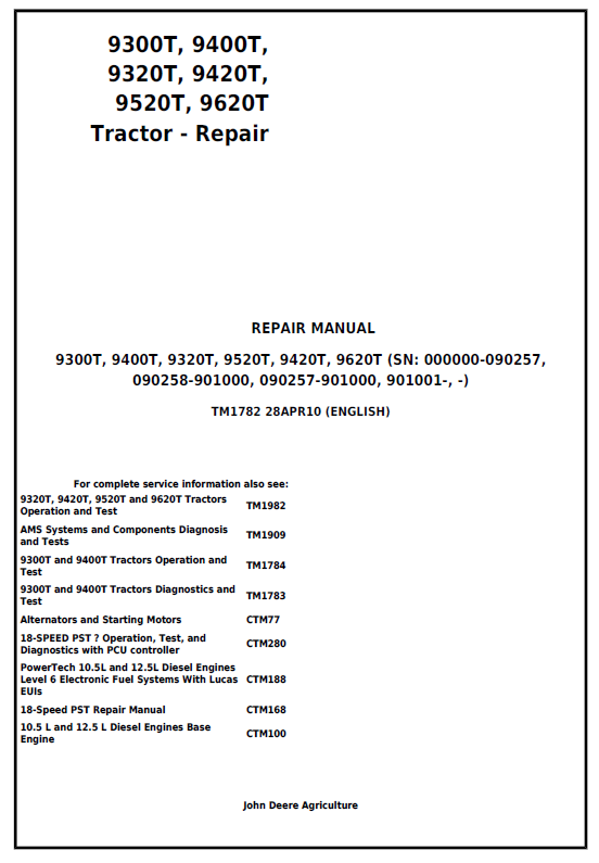 John Deere 9300T, 9400T, 9320T, 9520T, 9420T, 9620T Repair Manual TM1782 PDF