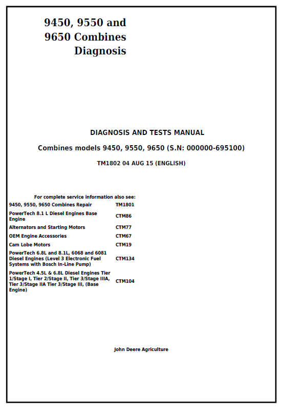 John Deere 9450, 9550 and 9650 Combines Diagnosis and Test Manual TM1802 PDF