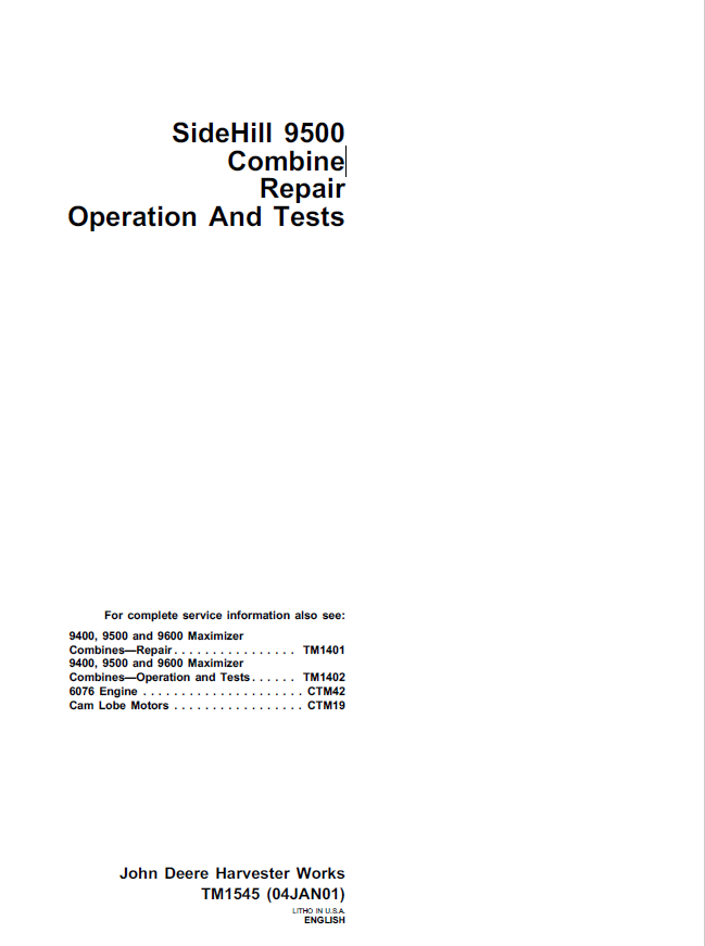 John Deere 9500 Combine Operation and Test Manual TM1545 PDF