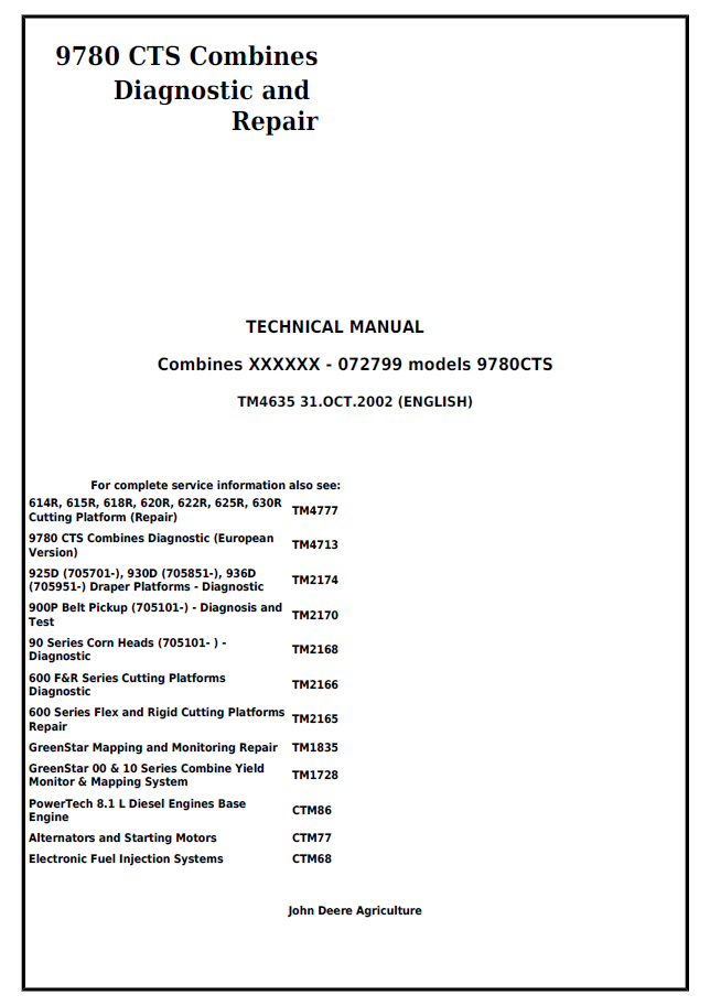John Deere 9780 CTS Combines Technical Manual TM4635 PDF