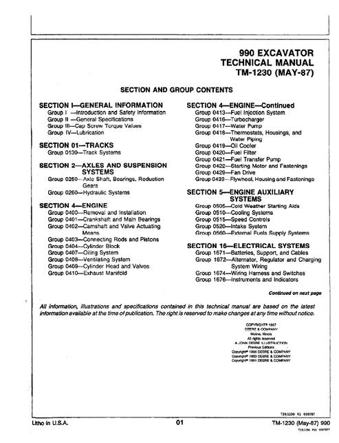 John Deere 990 Excavator Repair & Workshop Technical Manual